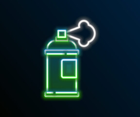 Obraz premium Glowing neon line Paint spray can icon isolated on black background. Colorful outline concept. Vector