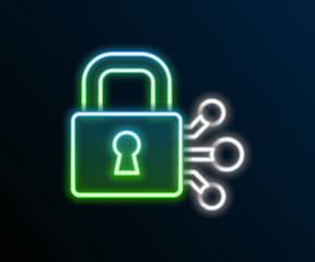Glowing neon line Lock with bitcoin icon isolated on black background. Cryptocurrency mining, blockchain technology, security, protect, digital money. Colorful outline concept. Vector