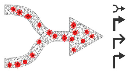 Network combine arrow right in infection style. Mesh carcass combine arrow right image in lowpoly style with connected linear items and red infection items.