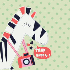 Cute zebra cartoon with camera. Animal tourist cartoon concept