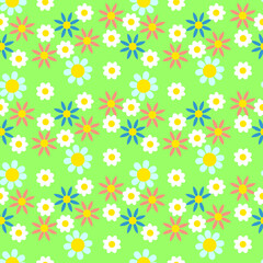 Sweet and cute flowers seamless pattern design isolated pastel colour on light green background. Suitable for decorating, wallpaper, wrapping paper, fabric and etc.