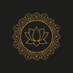 Golden lotus flower with ornate decorative frame. Vector illustration