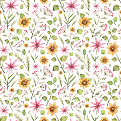 Seamless patter with watercolor floral clip art on white background. Wedding wallpapers design and wrapping paper. Vibrant colorful wild flowers. Hand painted botany