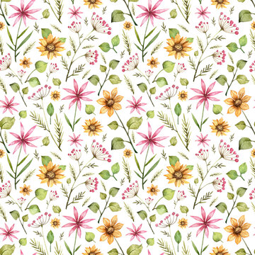 Seamless patter with watercolor floral clip art on white background. Wedding wallpapers design and wrapping paper. Vibrant colorful wild flowers. Hand painted botany
