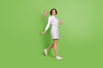 Full length profile side photo of young woman happy positive smile go walk hold butterfly net...