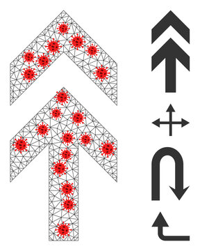 Polygonal arrow up in infection style. Mesh carcass arrow up image in lowpoly style with connected lines and red infection items. Vector model is created from arrow up with coronavirus items.