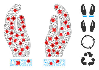 Polygonal care hands with infection style. Polygonal carcass care hands image in low poly style with connected linear items and red covid items.