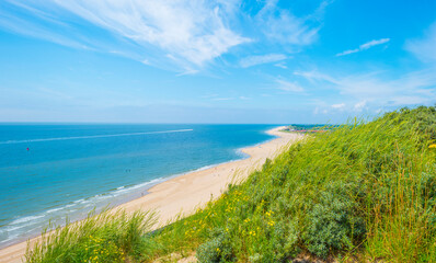 Sunlit waves on the yellow sand of a sunny beach along the North Sea illuminated by the light of a colorful sun and a blue cloudy sky in summer, Walcheren, Zeeland, the Netherlands, July, 2021
