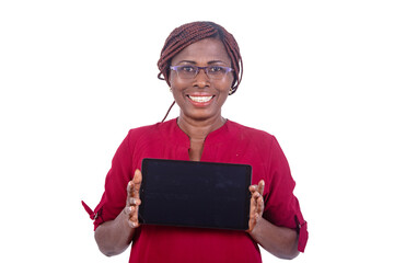 portrait of a beautiful businesswoman presenting a tablet, happy