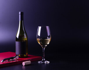 wine glass with bottle and black background