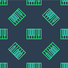 Line Grand piano icon isolated seamless pattern on blue background. Musical instrument. Vector