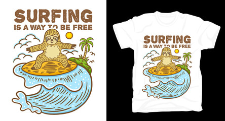 Sloth surfing wave and island illustration with typography t-shirt design © charen_art