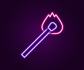 Glowing neon line Burning match with fire icon isolated on black background. Match with fire. Matches sign. Colorful outline concept. Vector
