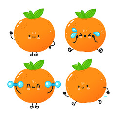 Funny cute happy mandarin characters bundle set. Vector hand drawn doodle style cartoon character illustration icon design. Cute mandarin mascot character collection