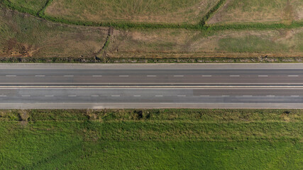 Aerial view looking straight down of an empty road