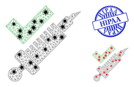 Mesh Polygonal Vaccination Symbols Illustration With Outbreak Style, And Rubber Blue Round Hipaa Seal. Carcass Model Is Based On Vaccination Icon With Black And Red Covid Elements.