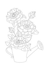 bouquet of fancy flowers in the watering can for your coloring b