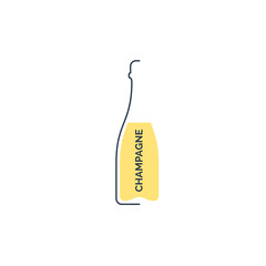 Bottle champagne in linear style on white background. Black thin outline in the form of a contour shadow and yellow fill. Modern flat style graphic design. Logo illustration. Circuit drink symbol