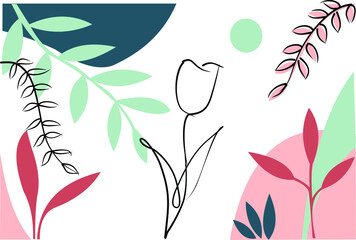 Painting of plants and flowers. Colors used: green, pink, blue and red and black strokes