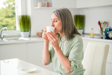 Obraz na płótnie Canvas Profile side view portrait of attractive dreamy calm peaceful grey-haired woman drinking espresso alone at home light white indoors