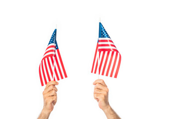 cropped view of patriotic men holding flags of america isolated on white