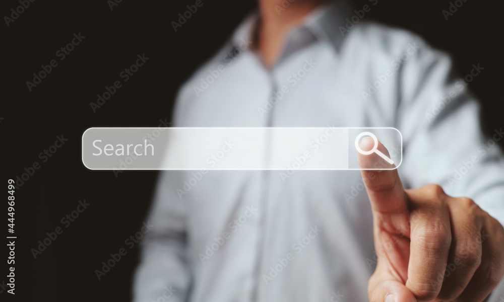 Fototapete Searching browsing internet data information networking concept, Businessman clicking internet search page on computer touch screen, copy space.
