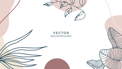 Abstract art background vector. Luxury minimal style wallpaper with golden line art flower and botanical leaves, Organic shapes, Watercolor. Vector background for banner, poster, Web and packaging