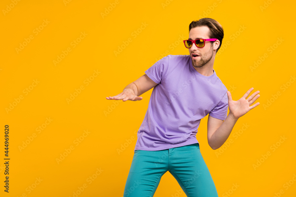 Wall mural profile photo of funny cool dj guy play popular track wear sunglass purple t-shirt isolated yellow c