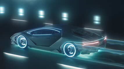 Obraz na płótnie Canvas 3d render Sports cyber neon car rushes on the night road with neon lights