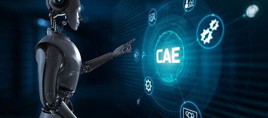 CAE Computer-aided engineering software system. technology concept. Robot pressing button on screen 3d render.