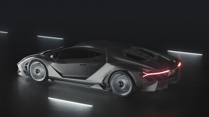 3d render A sports car drives at speed on a road with neon lights