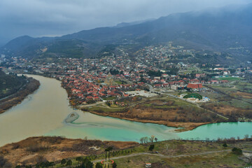 Amazing natural landscape. The confluence of two rivers in the city of Mtskheta in Georgia