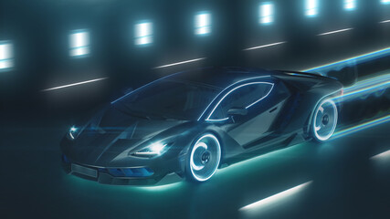 Fototapeta na wymiar 3d render Sports cyber neon car rushes on the night road with neon lights