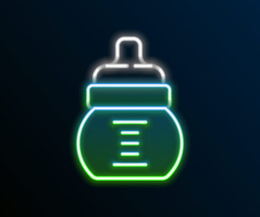 Glowing neon line Baby bottle icon isolated on black background. Feeding bottle icon. Milk bottle sign. Colorful outline concept. Vector