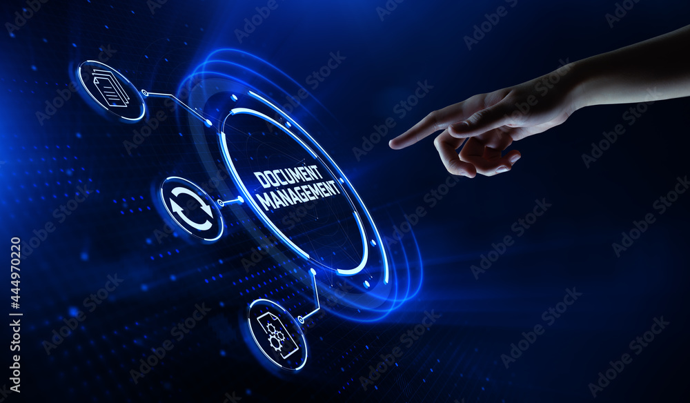 Poster dms document management system business automation technology concept. hand pressing button on scree