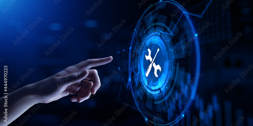 Poster technical support customer service guarantee quality assurance. hand pressing button on virtual scre