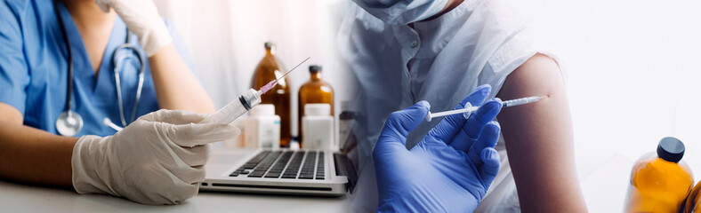 doctor or scientist with a stethoscope holding COVID-19 vaccine, Healthcare And Medical concept, vaccine Concept fight against virus covid-19 corona virus