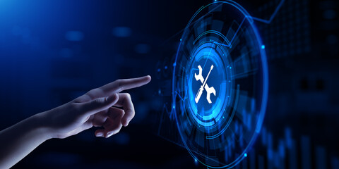 Technical support customer service guarantee quality assurance. Hand pressing button on virtual...