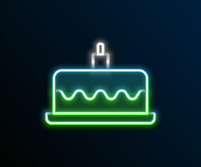 Glowing neon line Cake with burning candles icon isolated on black background. Happy Birthday. Colorful outline concept. Vector