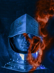 Medieval steel helmet with mannequin inside, red smoke, black background.