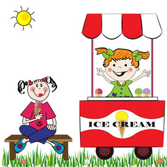 Niña comiéndose un helado y niña vendiendo helados.