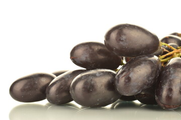 One bunch of ripe black grapes, close-up, isolated on white.
