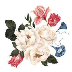 Watercolor retro bouquet with vintage flowers and leaves, isolated on white background