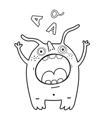 Funny cute screaming letter A alien monster with teeth, for kids activity book. Imaginary creature for children coloring book. Black and white outline fantasy cartoon for coloring pages.