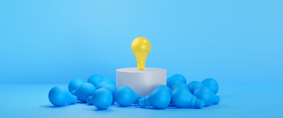 Leadership and Ideas inspiration concepts of yellow light bulb blasting off like rocket on blue...