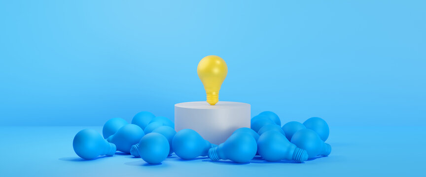 Leadership and Ideas inspiration concepts of yellow light bulb blasting off like rocket on blue background.Business start up or goal to success.Creativity of human.3d render and illustration
