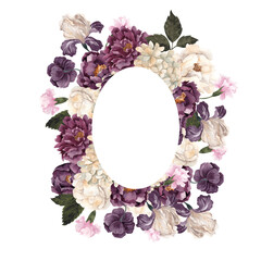 Watercolor Retro frame with vintage flowers and leaves, isolated on white background