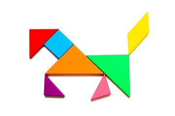 Color tangram puzzle in running horse shape on white background