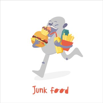 Junk food character eating too much. Harm to health concept