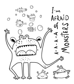 Funny scared screaming monster with teeth, fish and crabs monsters for kids book. Imaginary creature for children coloring book. Black and white outline fantasy cartoon for coloring pages.